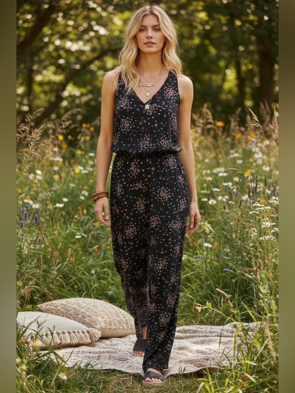 LOFT Black Jumpsuit with Pink Floral Pattern